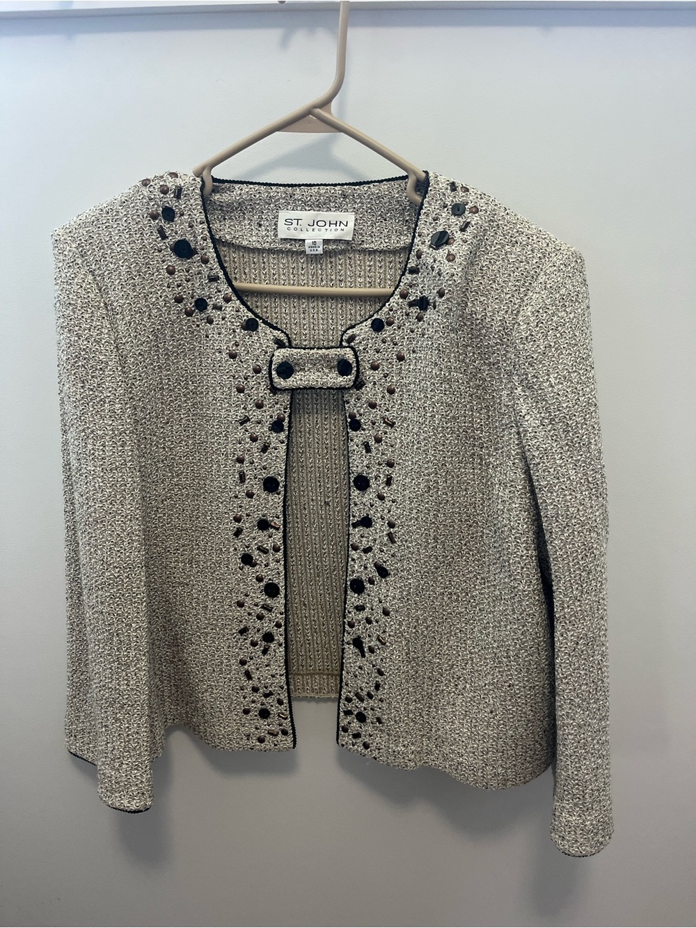 St. John Cream Knit Beaded Open-Front Jacket